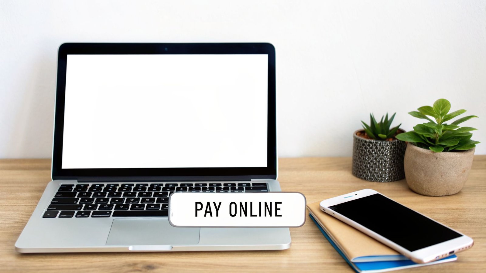 A modern workspace with a laptop, smartphone, and potted plants on a wooden desk, featuring a 'PAY ONLINE' button.