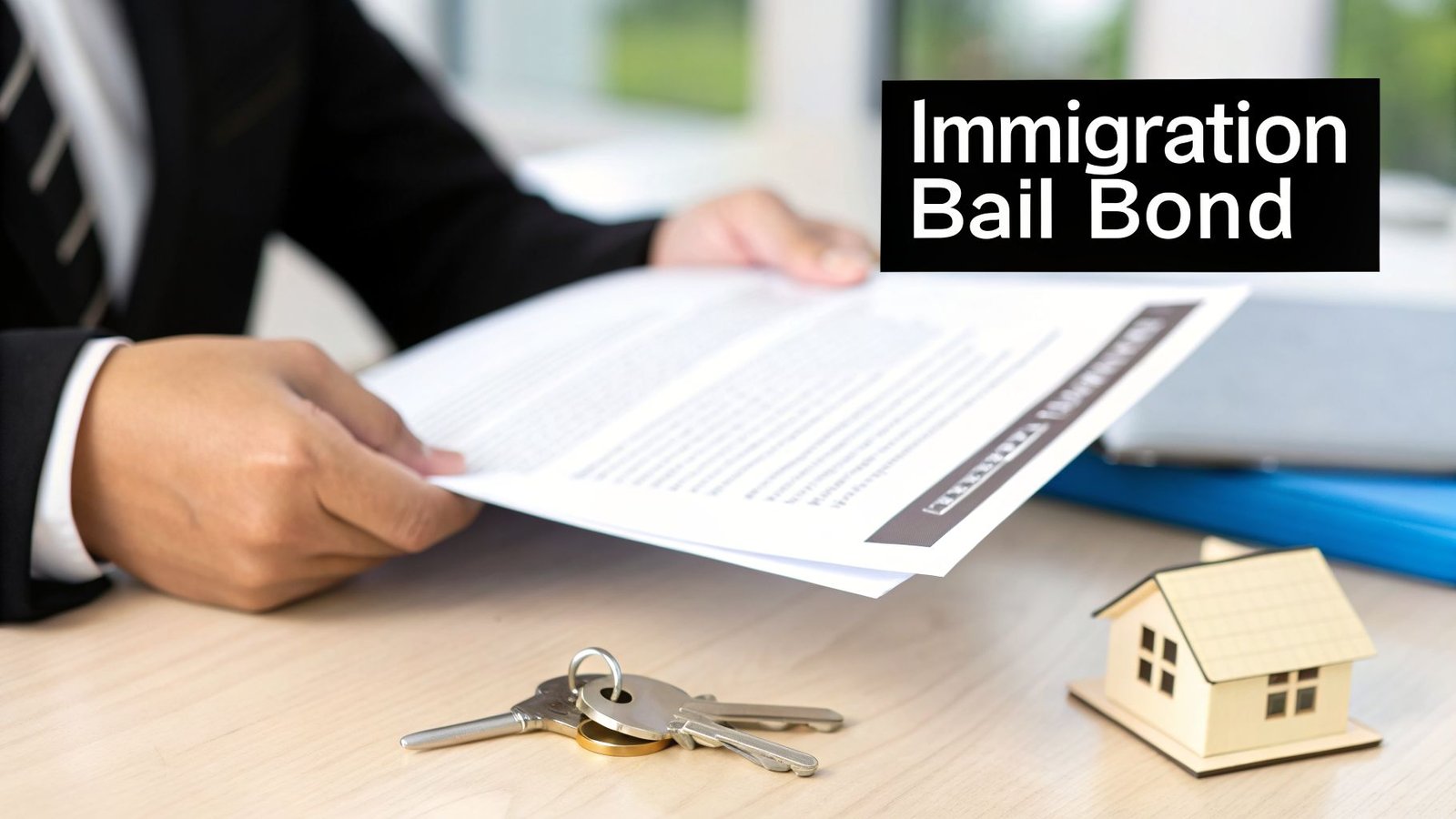 A person holding legal documents, with house keys and a model home on a desk, featuring 'Immigration Bail Bond' text.