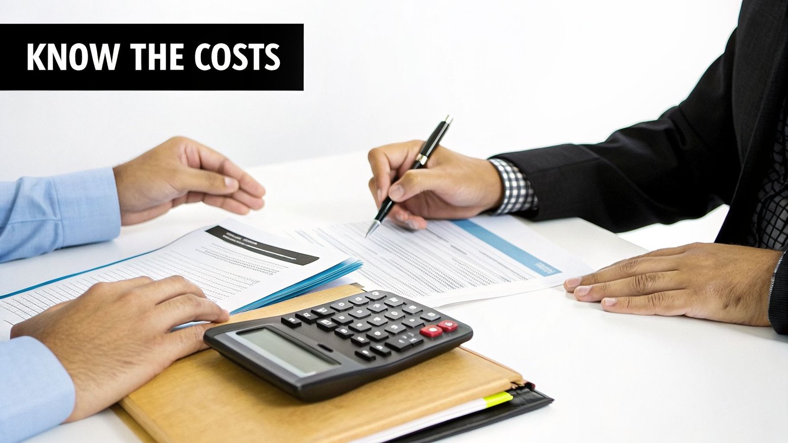 Two people reviewing financial documents, with one person writing and a calculator on the table. Text: KNOW THE COSTS.