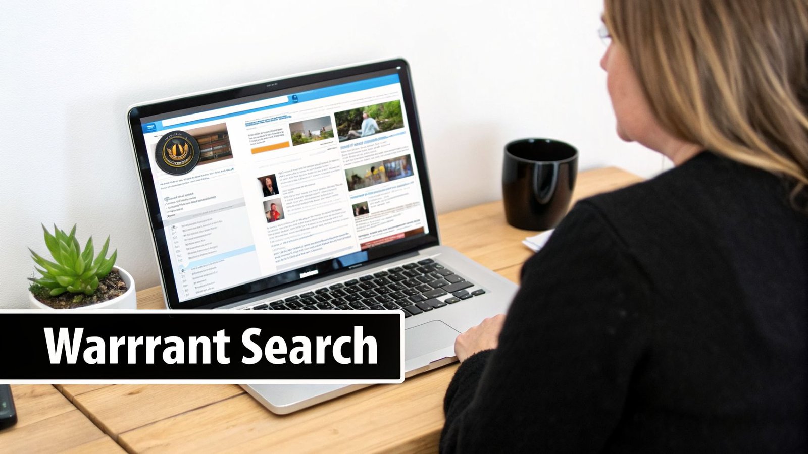 A woman views a laptop screen displaying a webpage, with 'Warrant Search' text overlay.