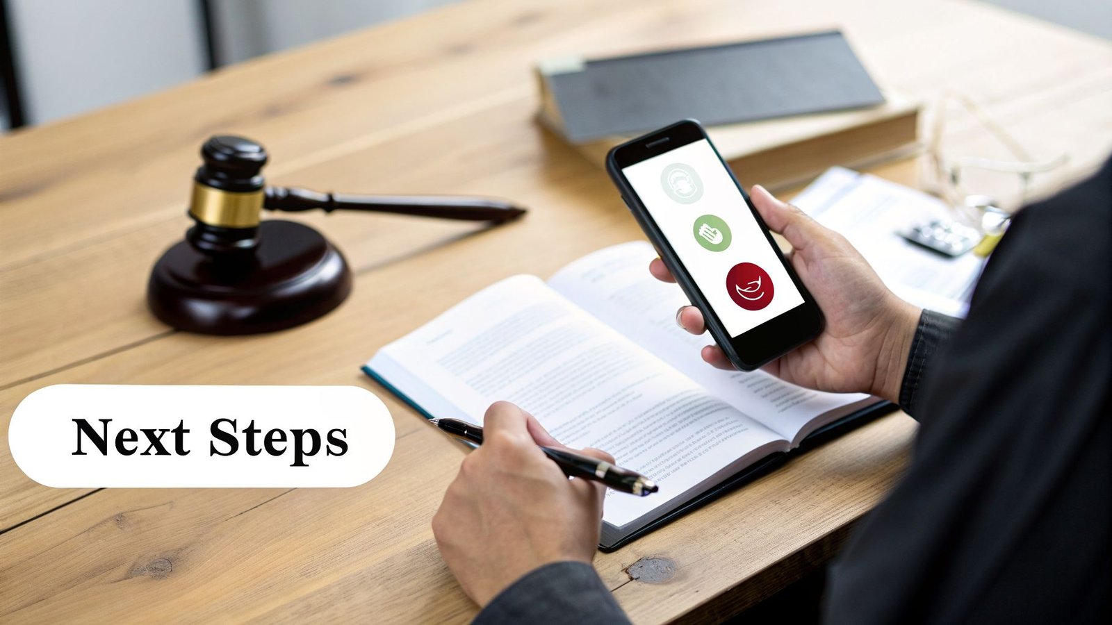 A person holds a smartphone with decision icons and a pen, next to a gavel and an open book, with 'Next Steps'.