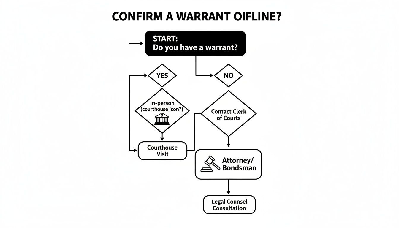 Flowchart illustrating the process to confirm a warrant offline, guiding through courthouse visits and legal consultation.