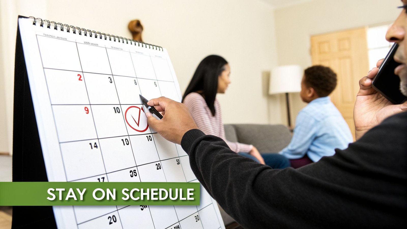 A man on a phone call marks an appointment on a desk calendar, staying organized and on schedule.