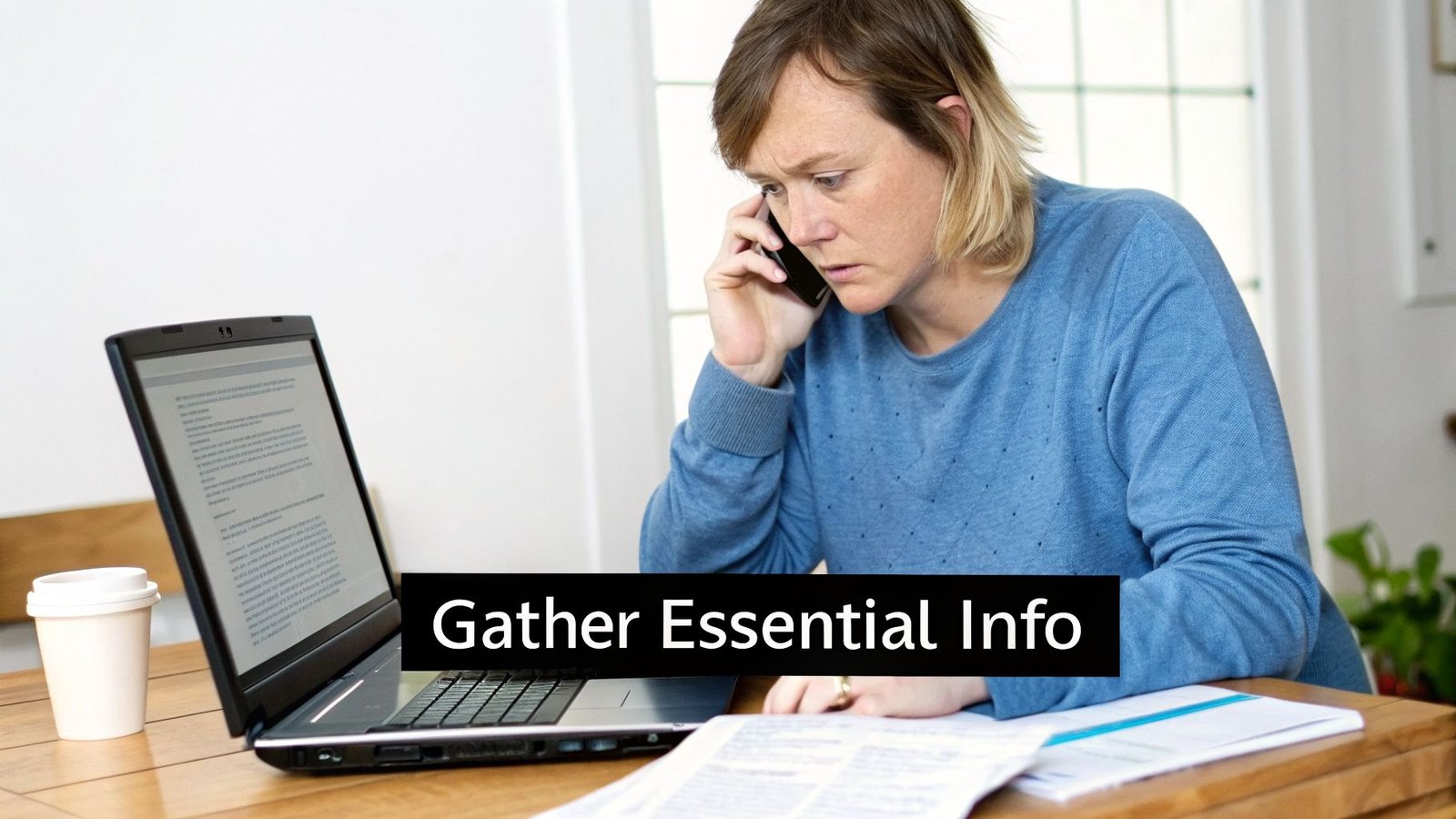 A concerned woman on the phone, looking at her laptop and documents for information.