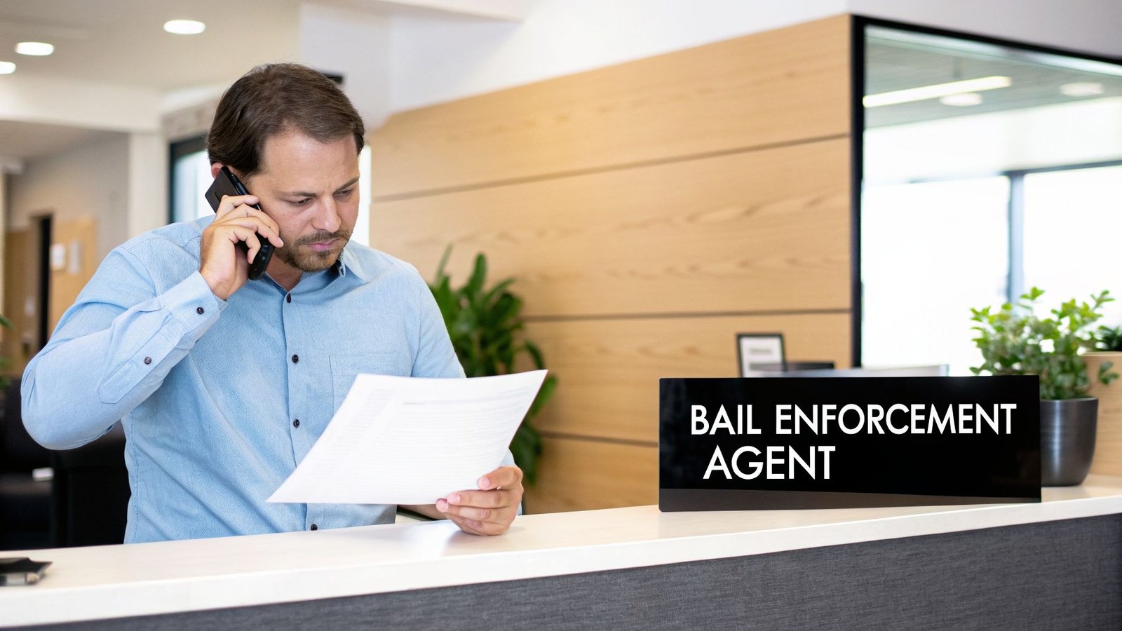 A bail enforcement agent talks on the phone while holding documents at a counter.