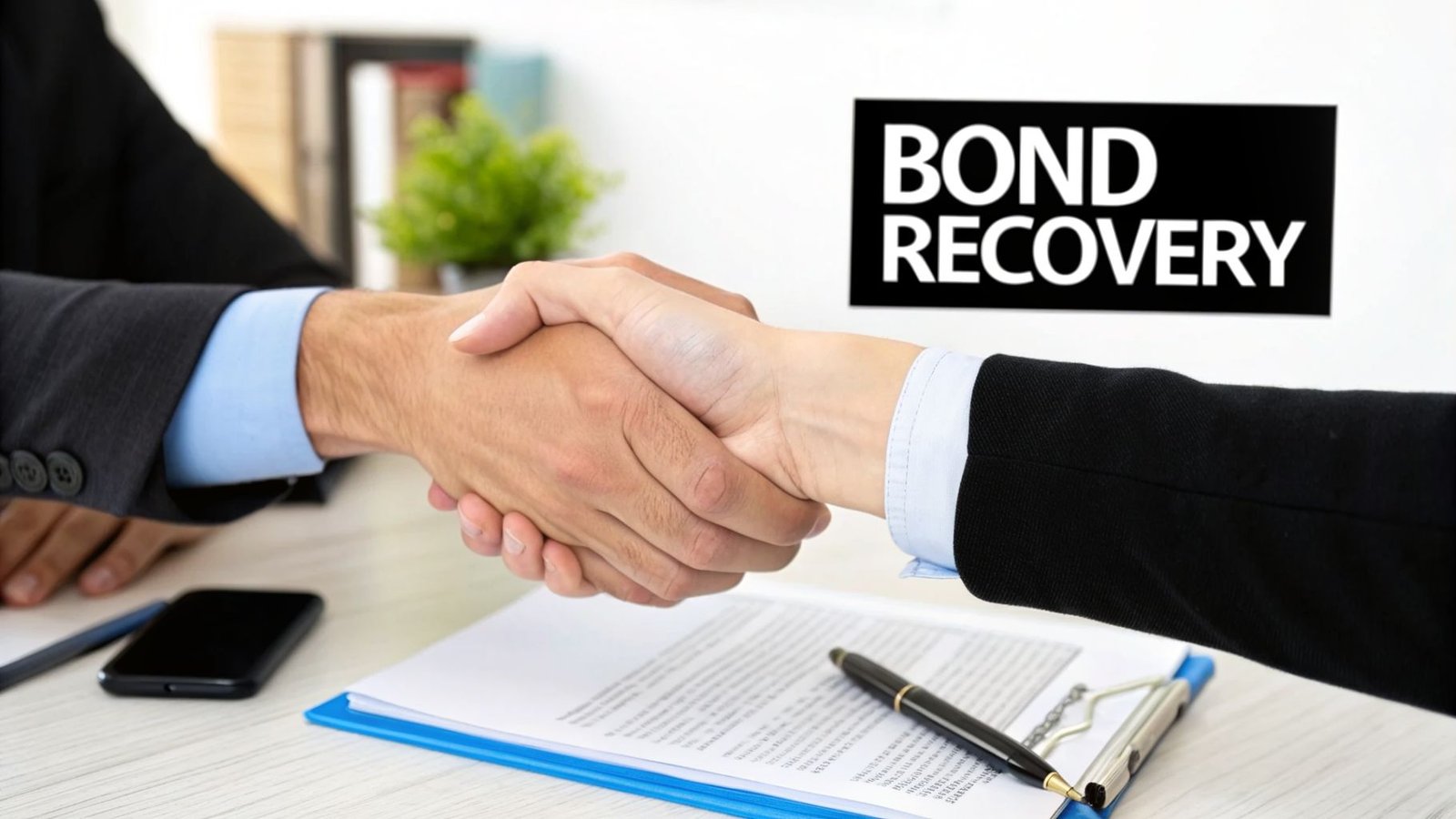 Two business professionals shaking hands over a desk, with documents and a 'BOND RECOVERY' sign.