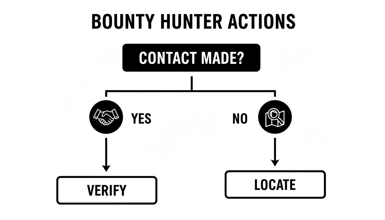 Flowchart detailing bounty hunter actions: if contact is made, verify; otherwise, locate.