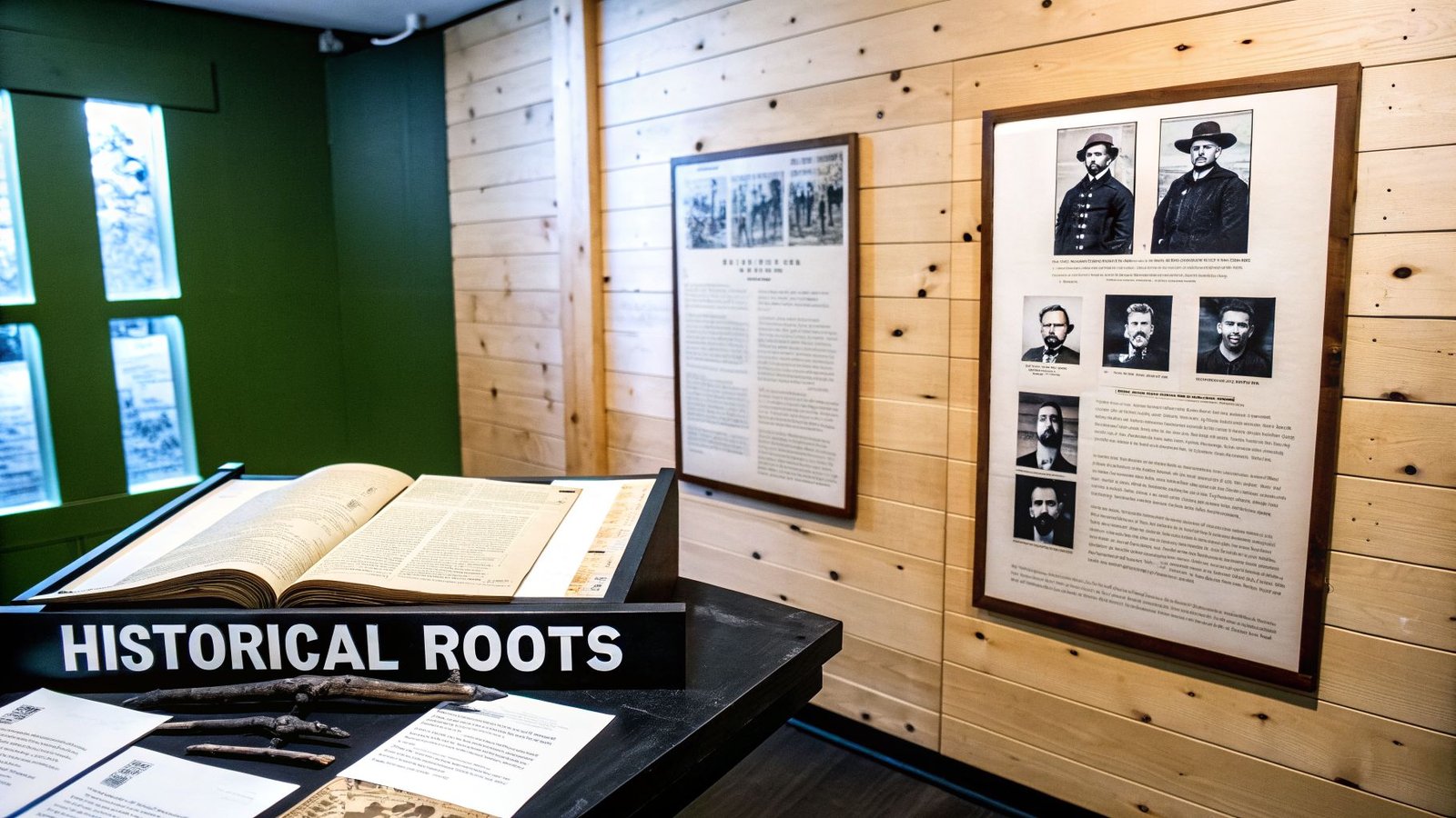 A museum exhibit with historical documents, framed portraits, and open books on display, labeled "HISTORICAL ROOTS."
