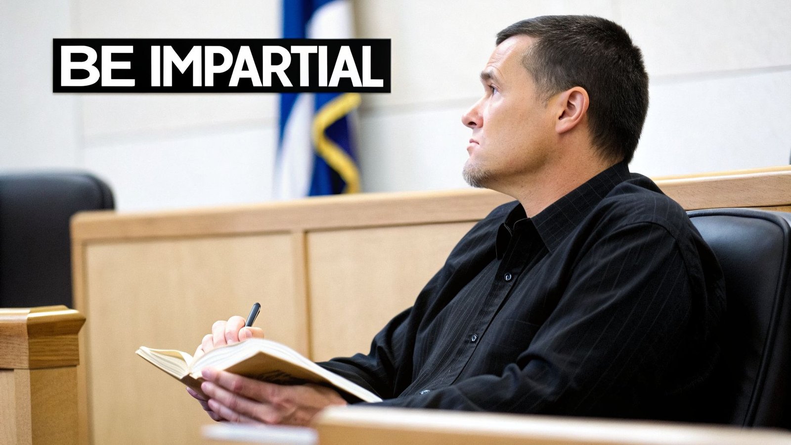 A man in a black shirt taking notes in a courtroom, looking impartial, with a flag in the background.