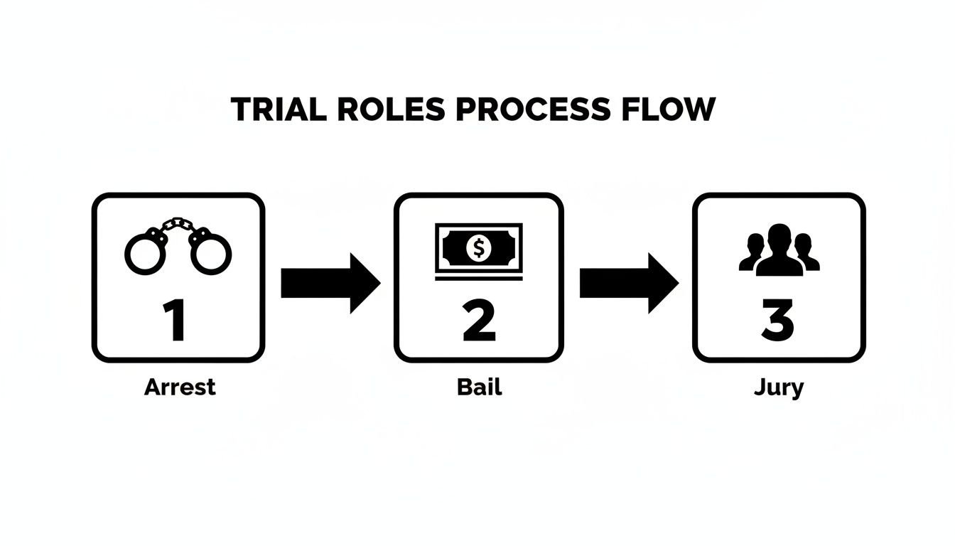 A black and white process flow diagram illustrating three stages of trial roles: Arrest, Bail, and Jury.