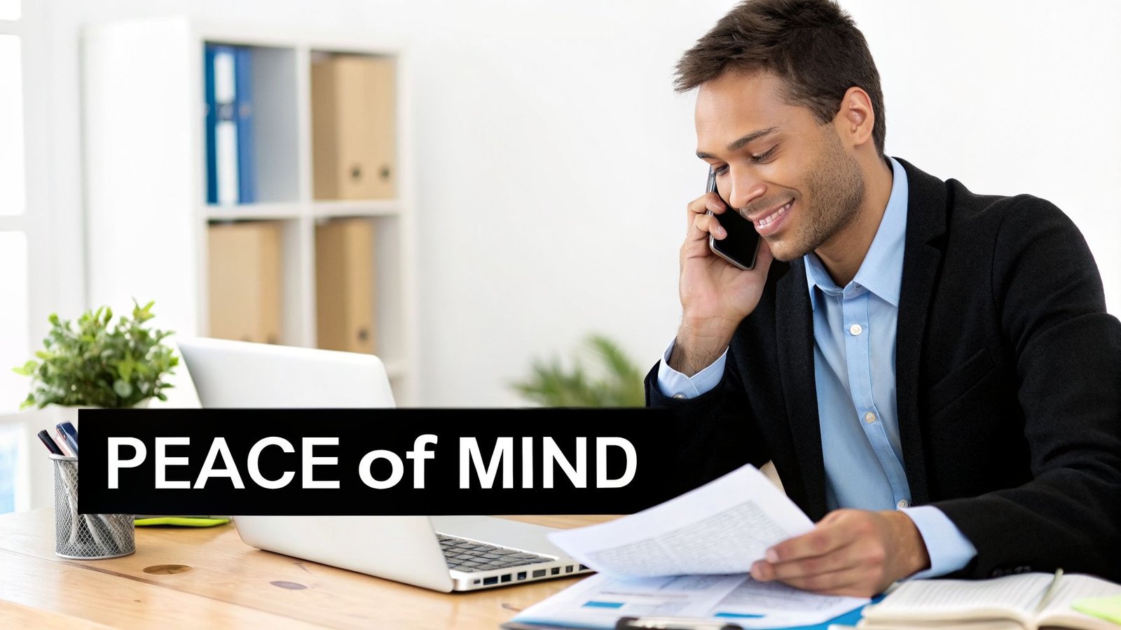 Smiling business professional talking on phone, reviewing documents at office desk, with 'PEACE of MIND' text.