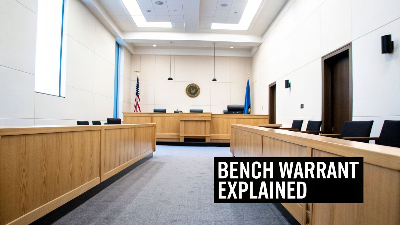An empty courtroom with a judge's bench, flags, and seating, with a text overlay 'Bench Warrant Explained'.