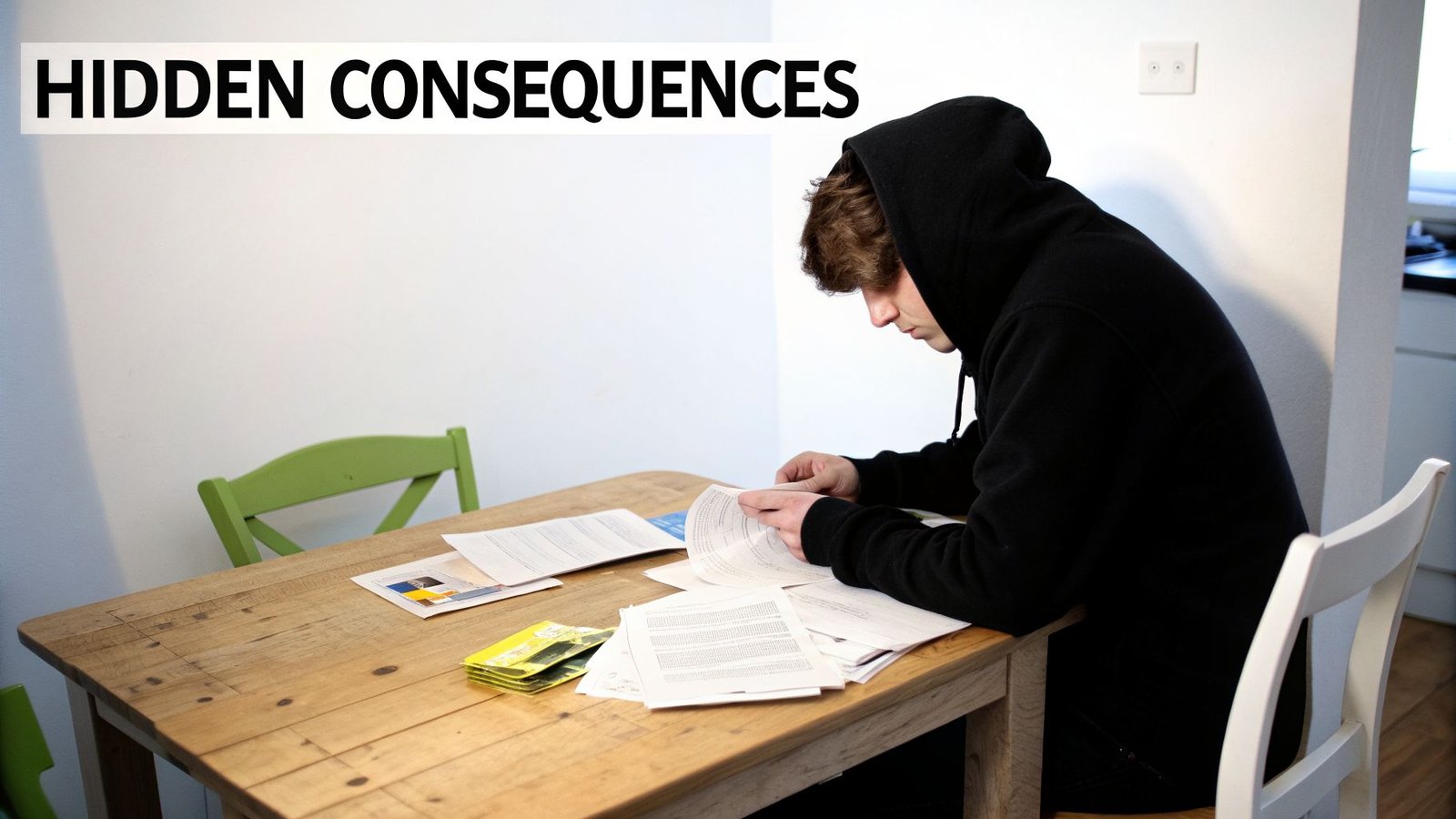 A young person in a black hoodie intensely reads papers on a wooden table, with text 'HIDDEN CONSEQUENCES'.