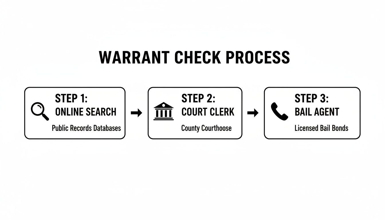 A flowchart illustrating the three-step warrant check process: online search, court clerk, and bail agent.