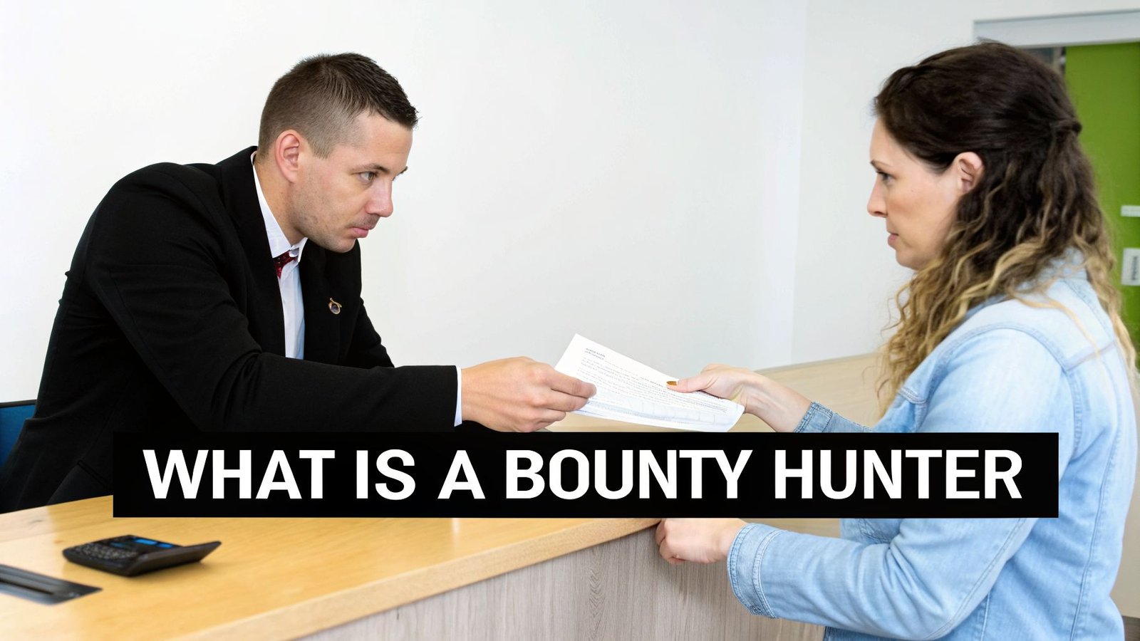 A man in a suit and a woman in denim exchanging documents across a counter in an office setting.