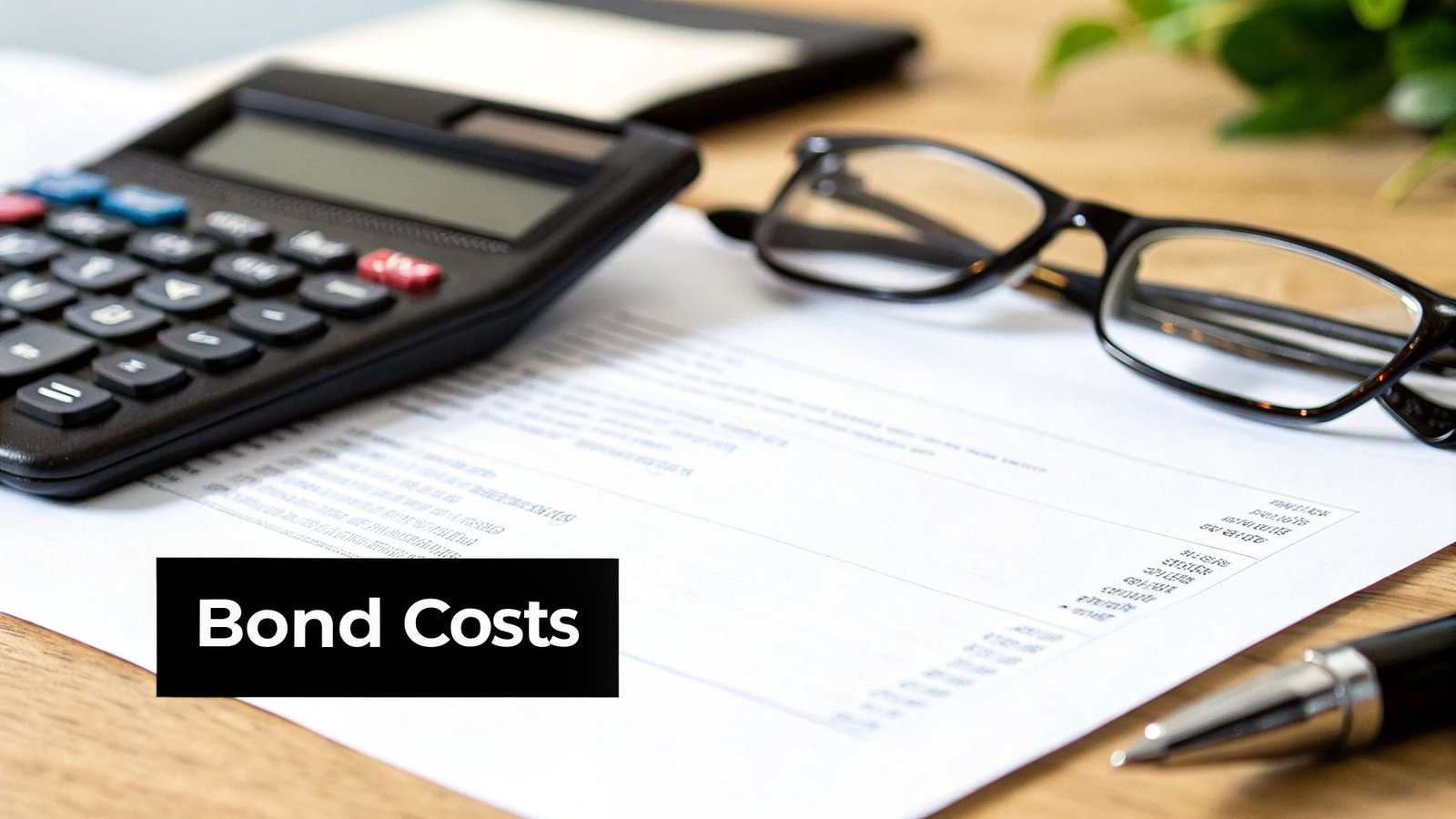 Desk setup with calculator, glasses, pen, and document displaying 'Bond Costs' for financial review.