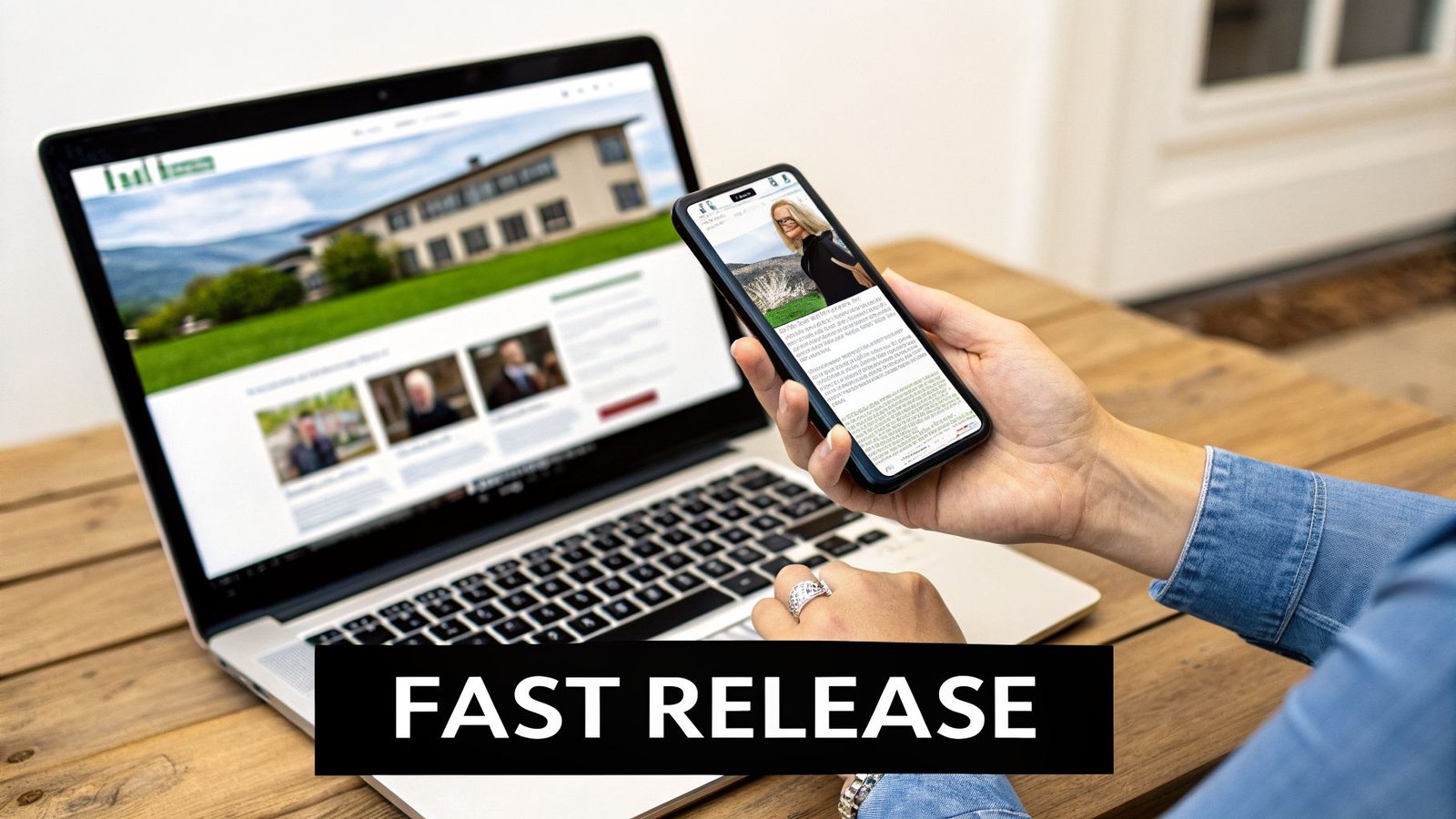 A person uses a smartphone and laptop on a wooden desk, showcasing digital content and technology.