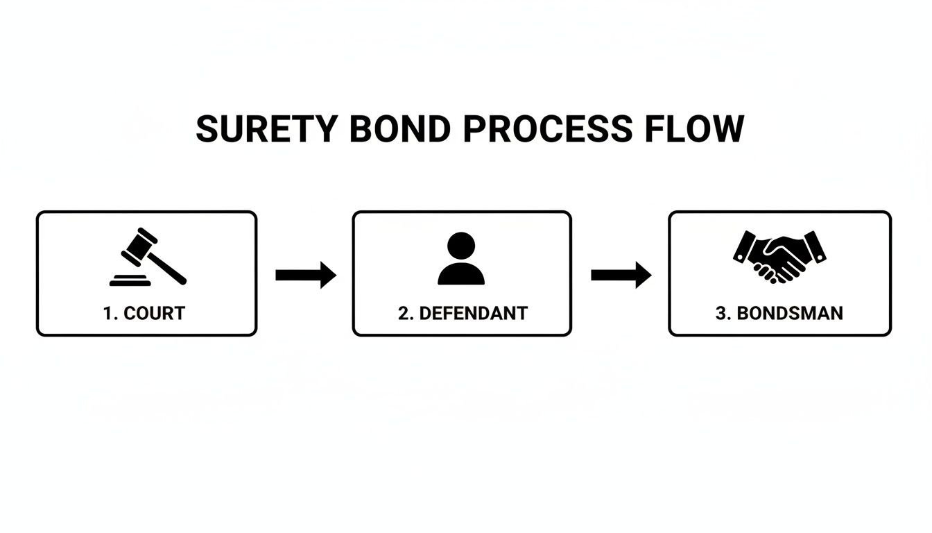 Flowchart illustrating the surety bond process steps: Court, Defendant, and Bondsman, connected by arrows.