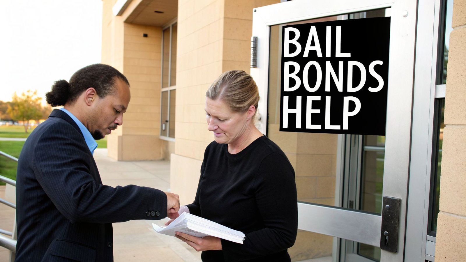 Man and woman exchange documents outside a building with a 'Bail Bonds Help' sign.