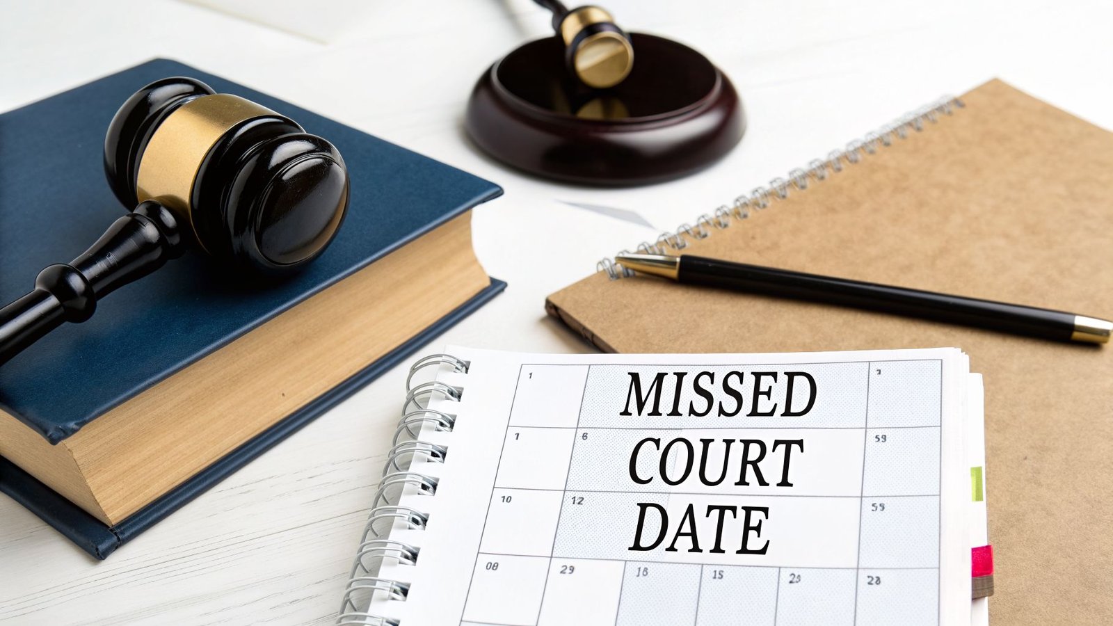 A judge's gavel rests on a blue law book next to a calendar showing 'MISSED COURT DATE'.