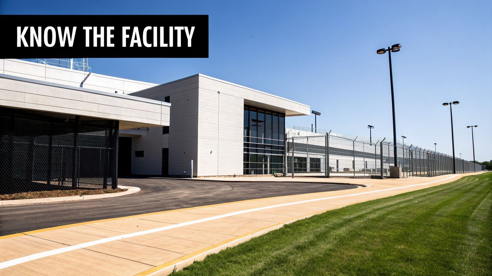 A modern, secure facility building with fences, paved pathways, and green grass under a clear blue sky.