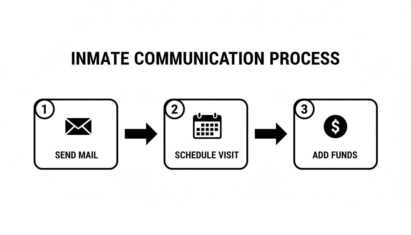 Infographic illustrating a three-step inmate communication process: send mail, schedule visit, and add funds.
