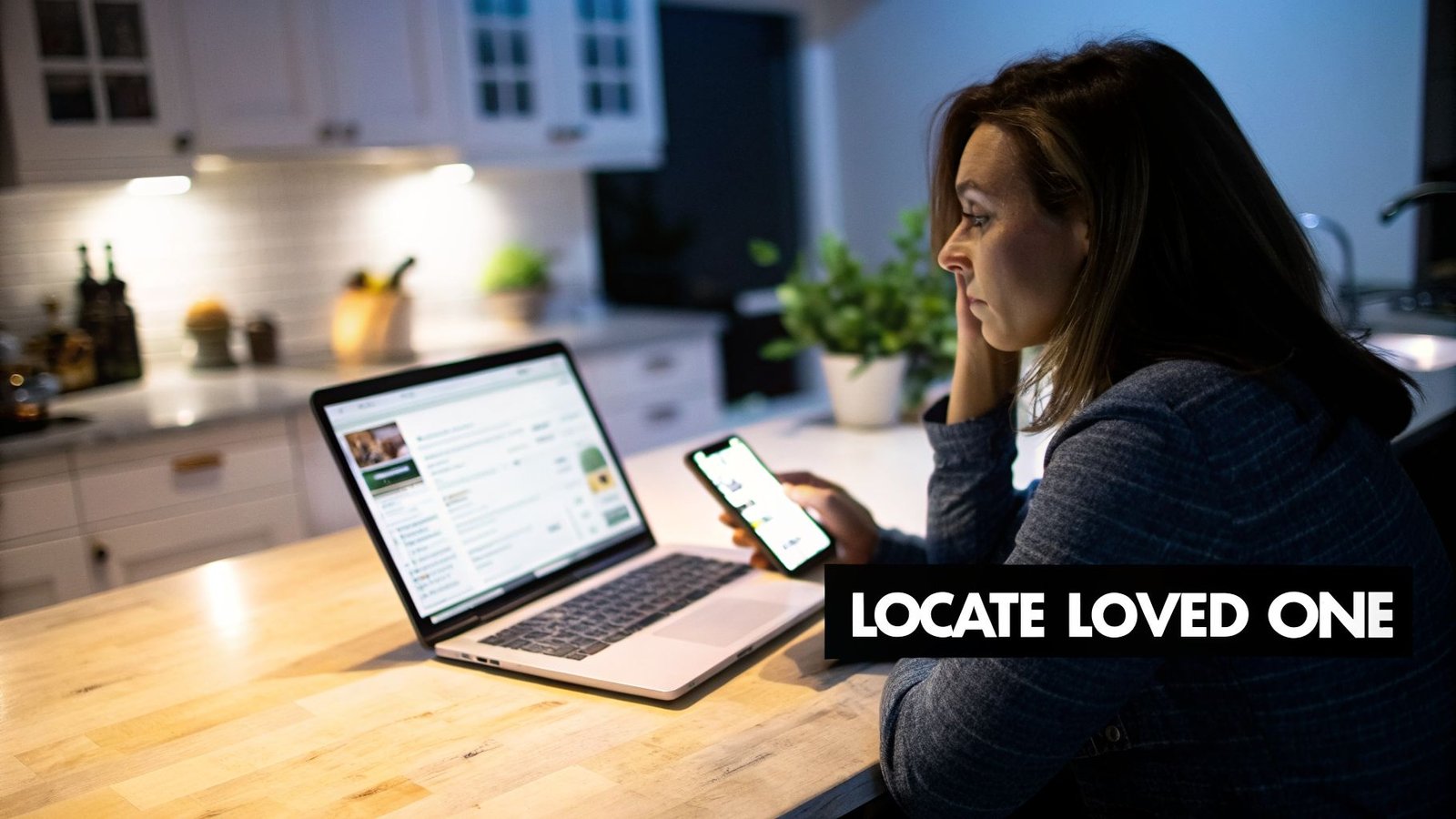 A woman sits at a kitchen counter, looking at a laptop and holding a smartphone, with 'LOCATE LOVED ONE' text.