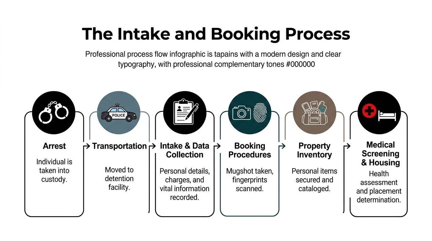 A professional infographic flowchart illustrating the six stages of the criminal intake and booking process.