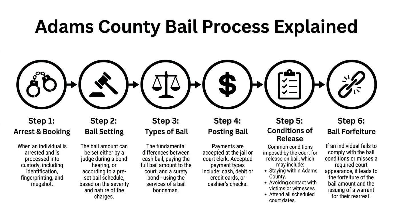 A six-step infographic showing the Adams County bail process from initial arrest to potential bail forfeiture.