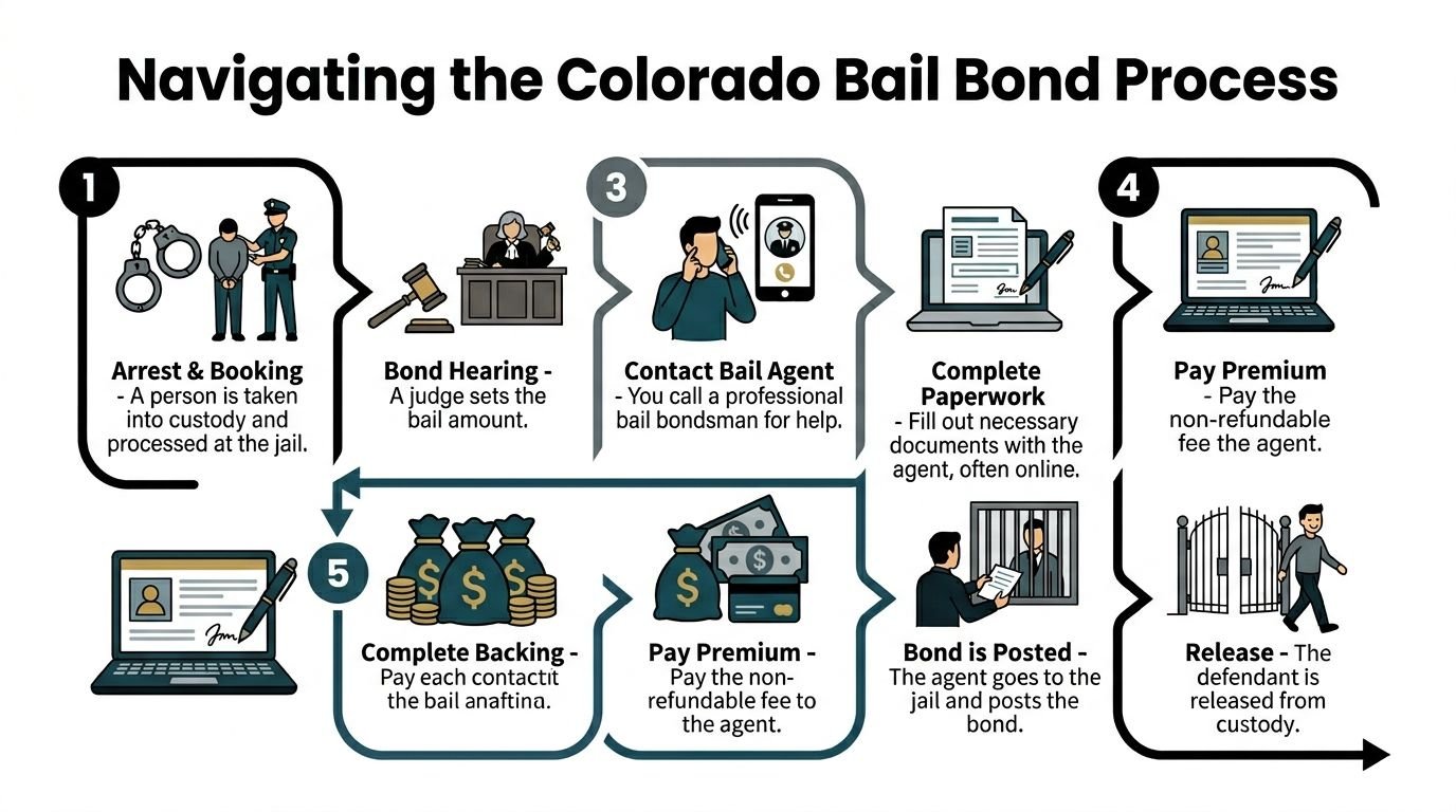 An infographic titled Navigating the Colorado Bail Bond Process showing the sequential steps to secure a release.