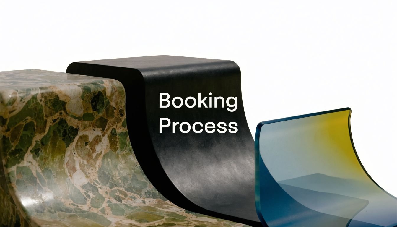 A modern graphic displaying the text Booking Process over three uniquely curved abstract shapes in marble, black, and blue.