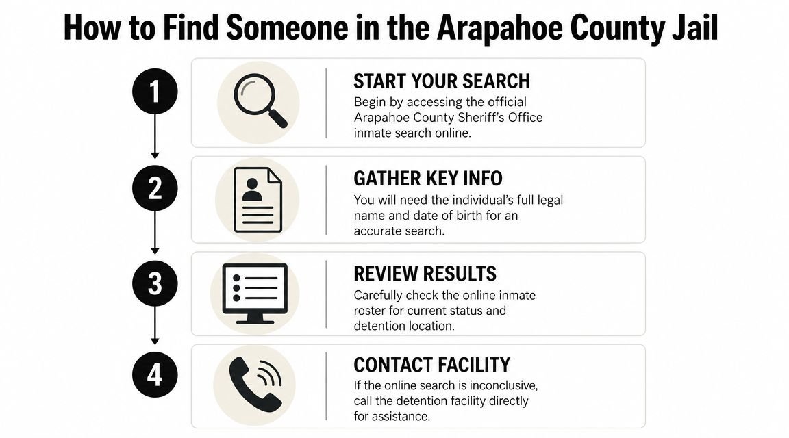 A four-step infographic showing how to find someone in the Arapahoe County Jail inmate search system.
