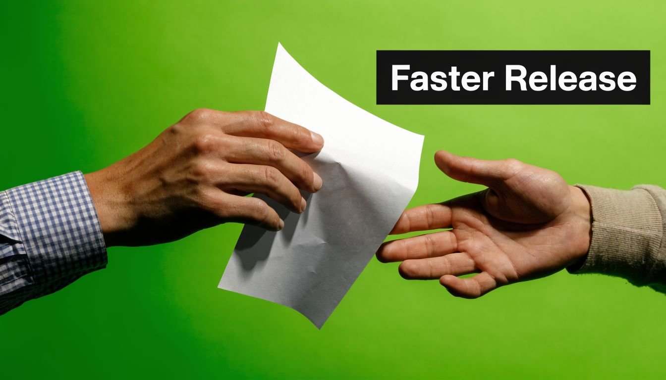 A close-up view of two hands exchanging a blank white paper on a vibrant green background.