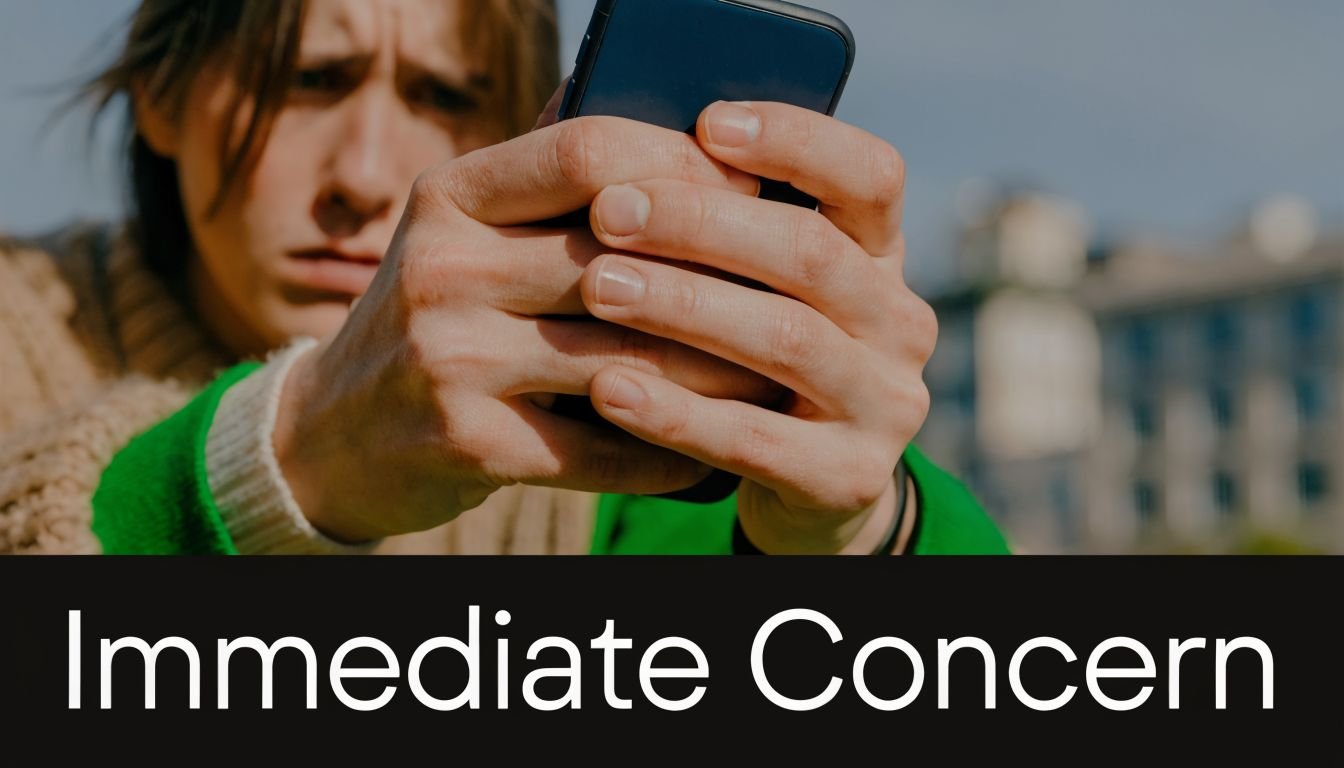 A close-up view of a person looking at a smartphone screen with an expression of immediate concern.