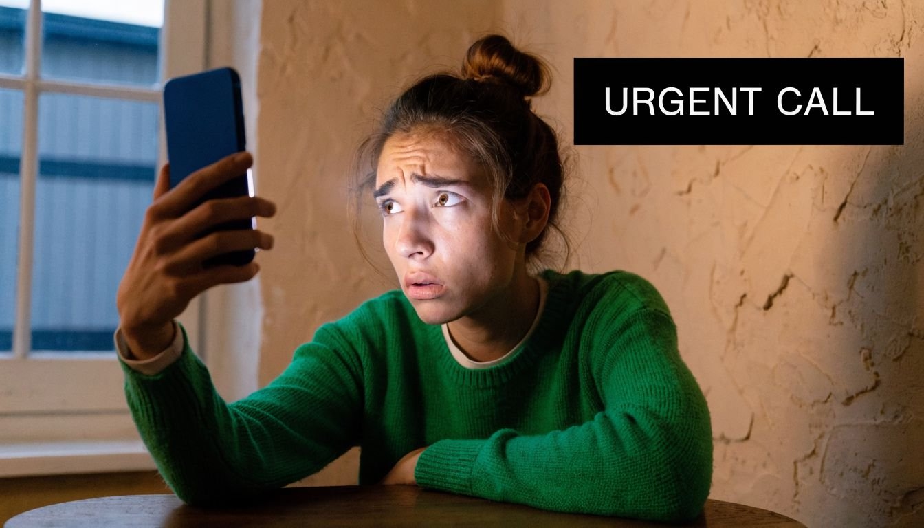 A concerned woman holding a smartphone while receiving a distressing call in a dimly lit room.