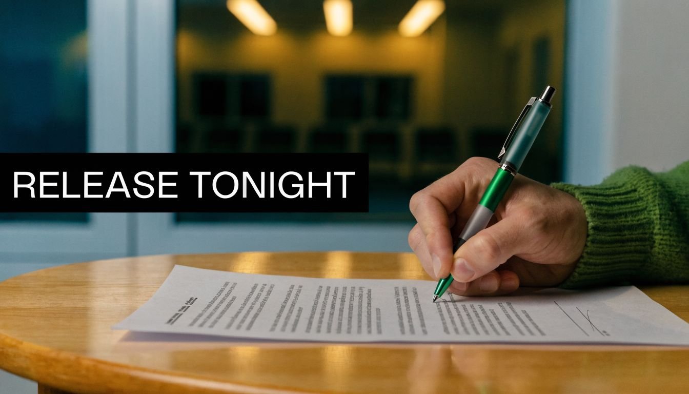 A person signing a legal document on a wooden table with a pen, preparing for bail release.