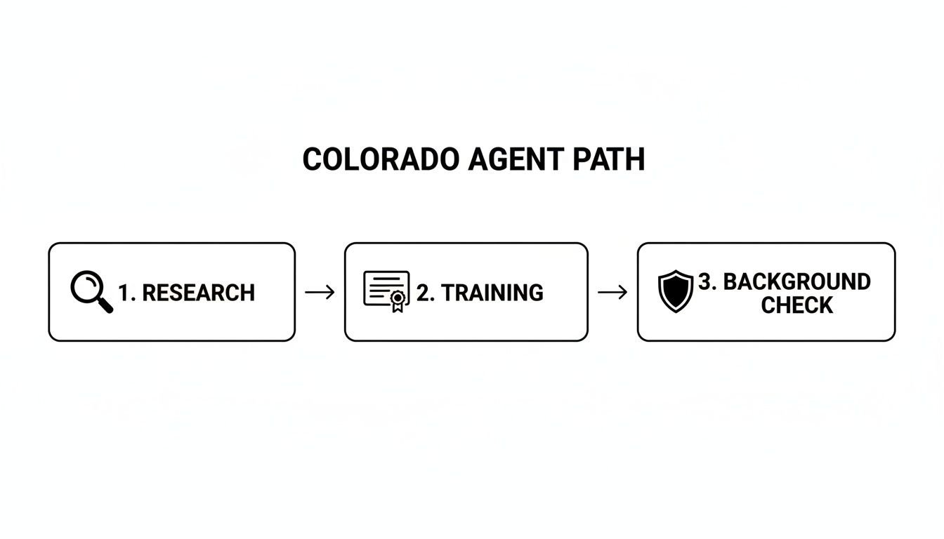 A flowchart titled 'Colorado Agent Path' outlines three steps: Research, Training, and Background Check.
