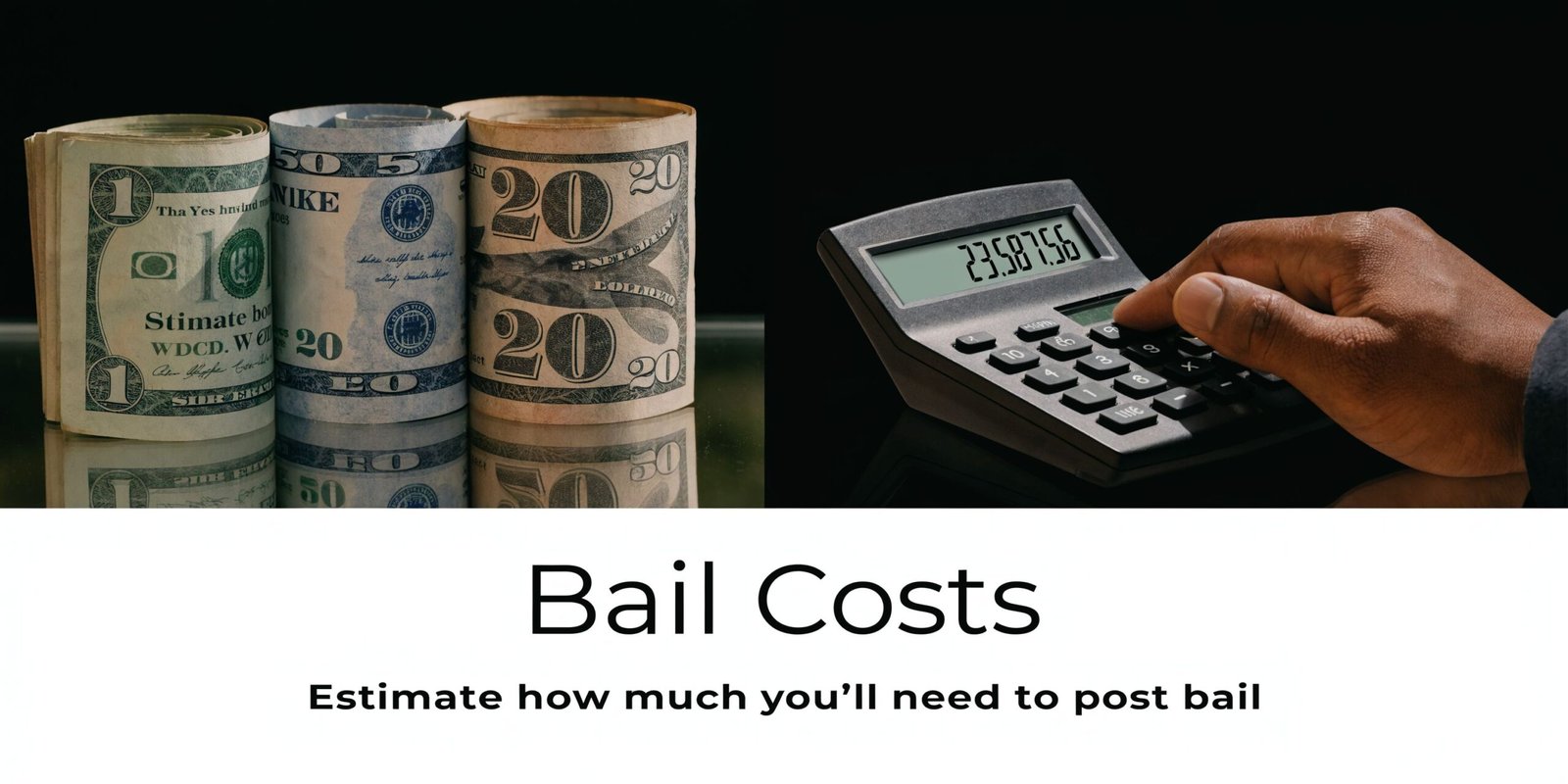 Stacks of American cash next to a person using a calculator to estimate bail costs.