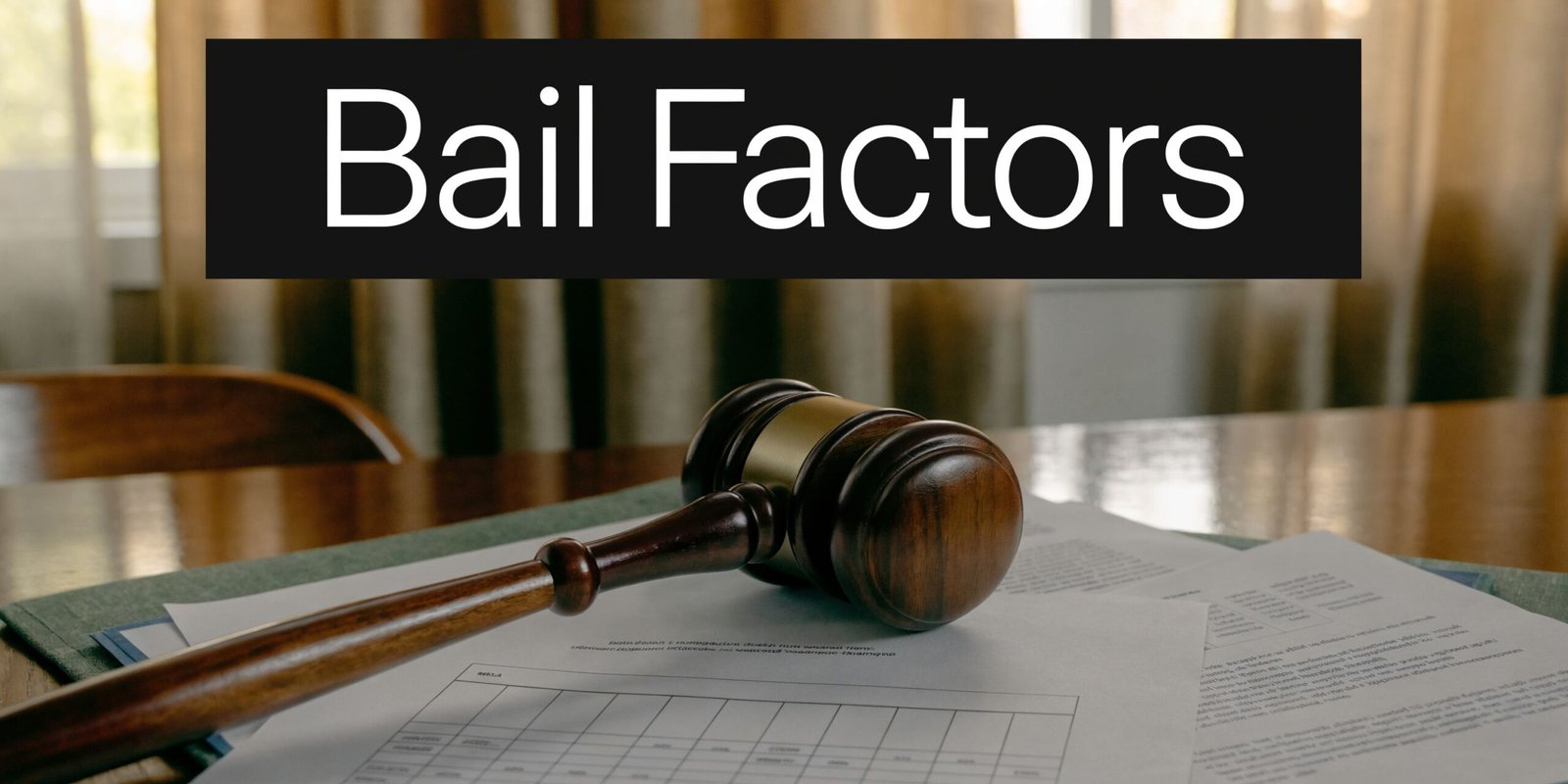 A wooden judges gavel resting on legal documents on a desk with the text Bail Factors above
