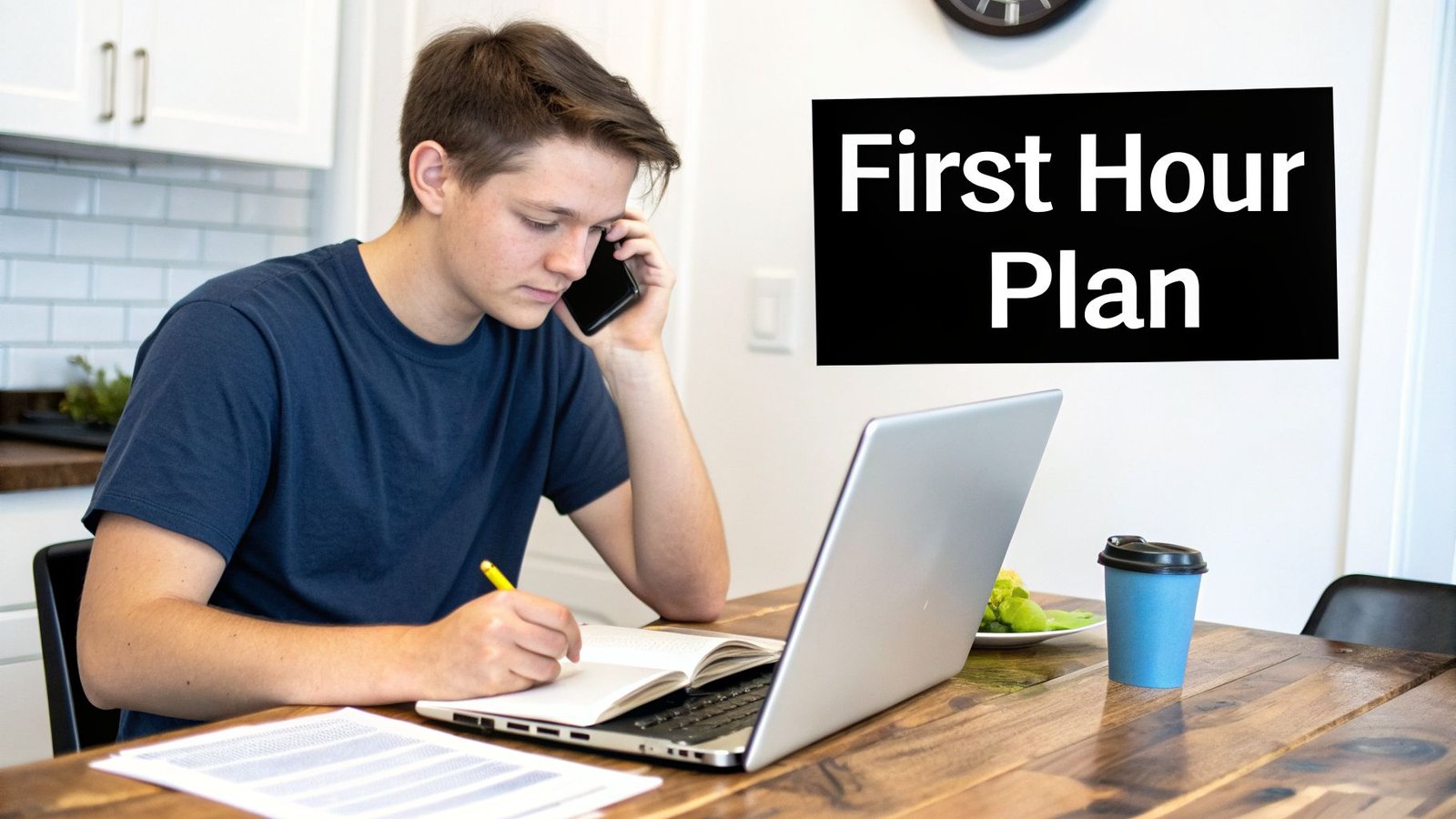 A young man works at a wooden table, talking on the phone, writing, with a "First Hour Plan" sign.