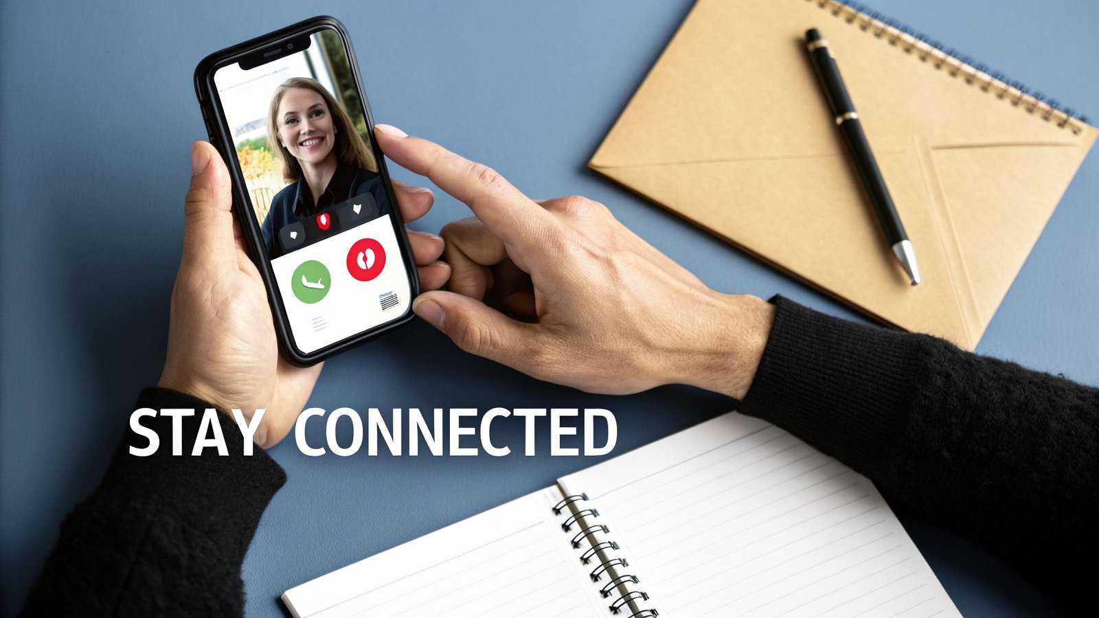 A person holds a smartphone displaying a video call with a smiling woman. Text reads 'STAY CONNECTED'.