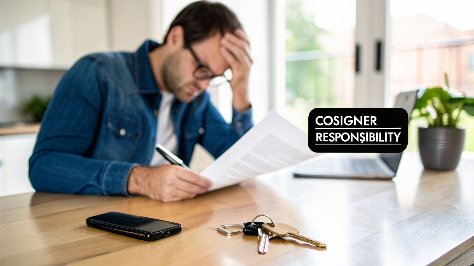 A stressed man reviews documents, contemplating 'Cosigner Responsibility' while a phone and keys lie on the table.