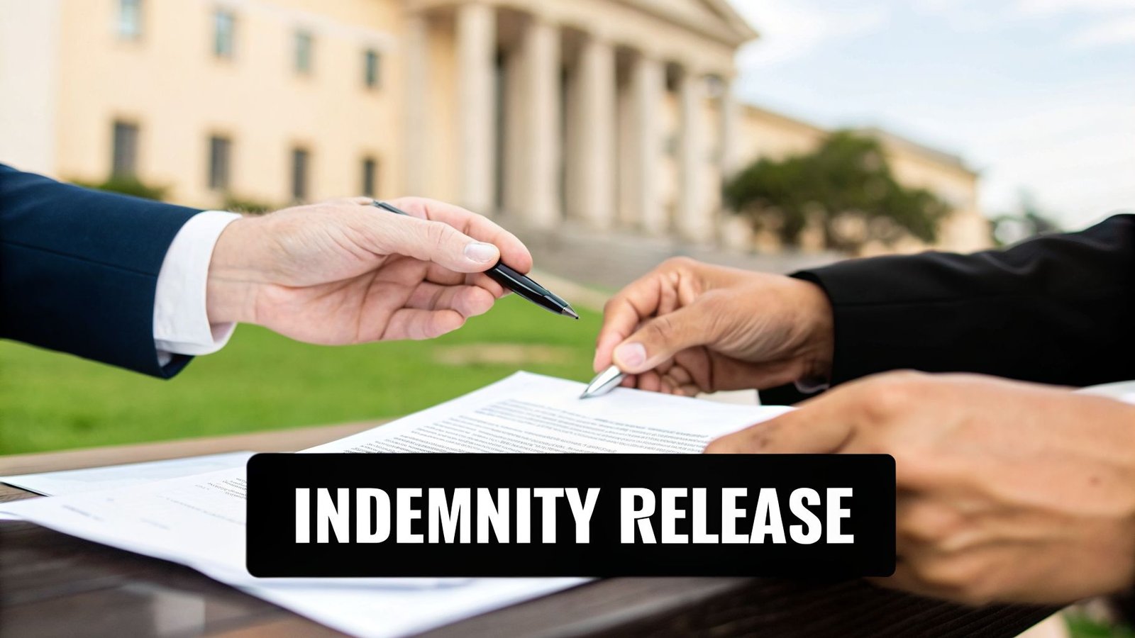 Two people's hands with pens over an indemnity release document, outdoors near a courthouse.