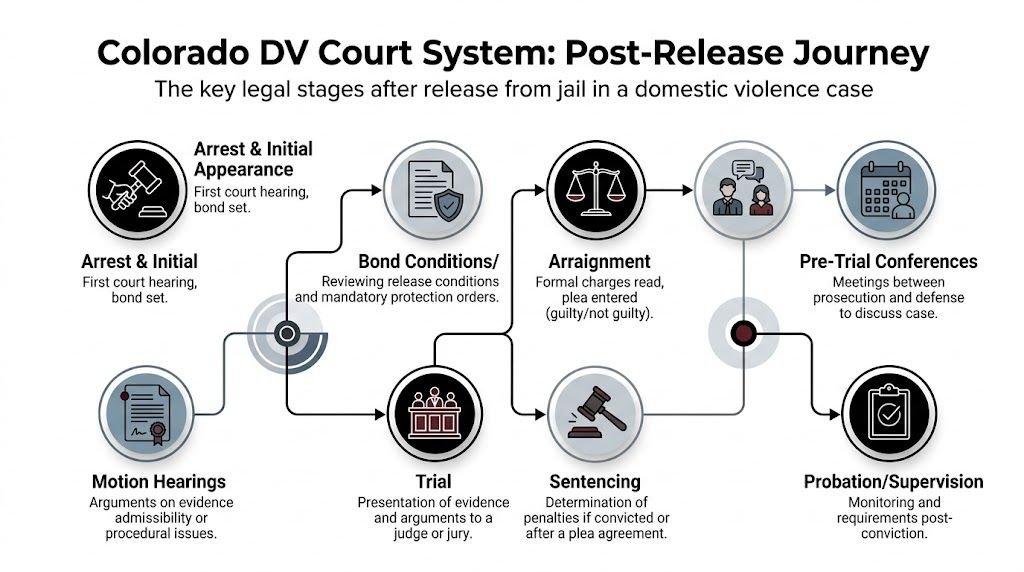 A flow chart outlining the post-release legal steps for domestic violence charges in the Colorado court system.