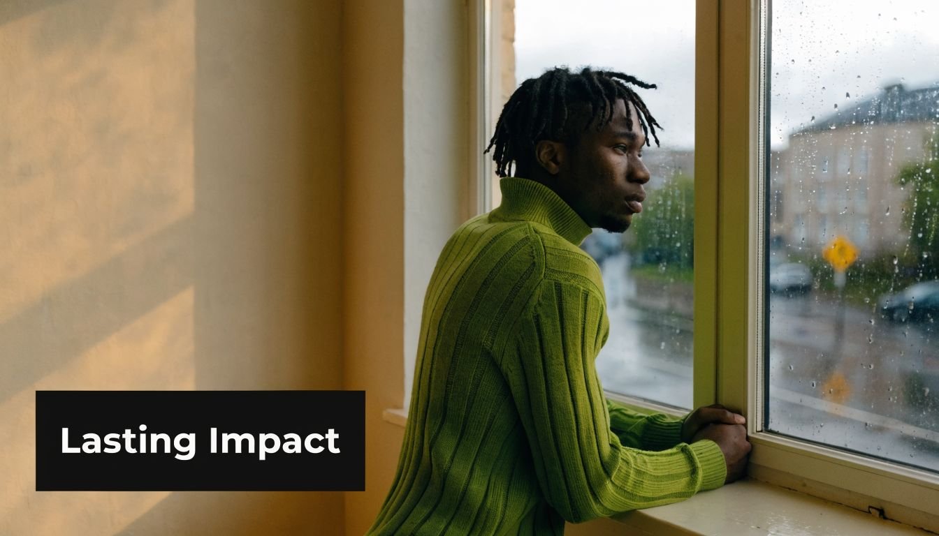 A contemplative young Black man in a lime green sweater looks thoughtfully out of a rain-streaked window.