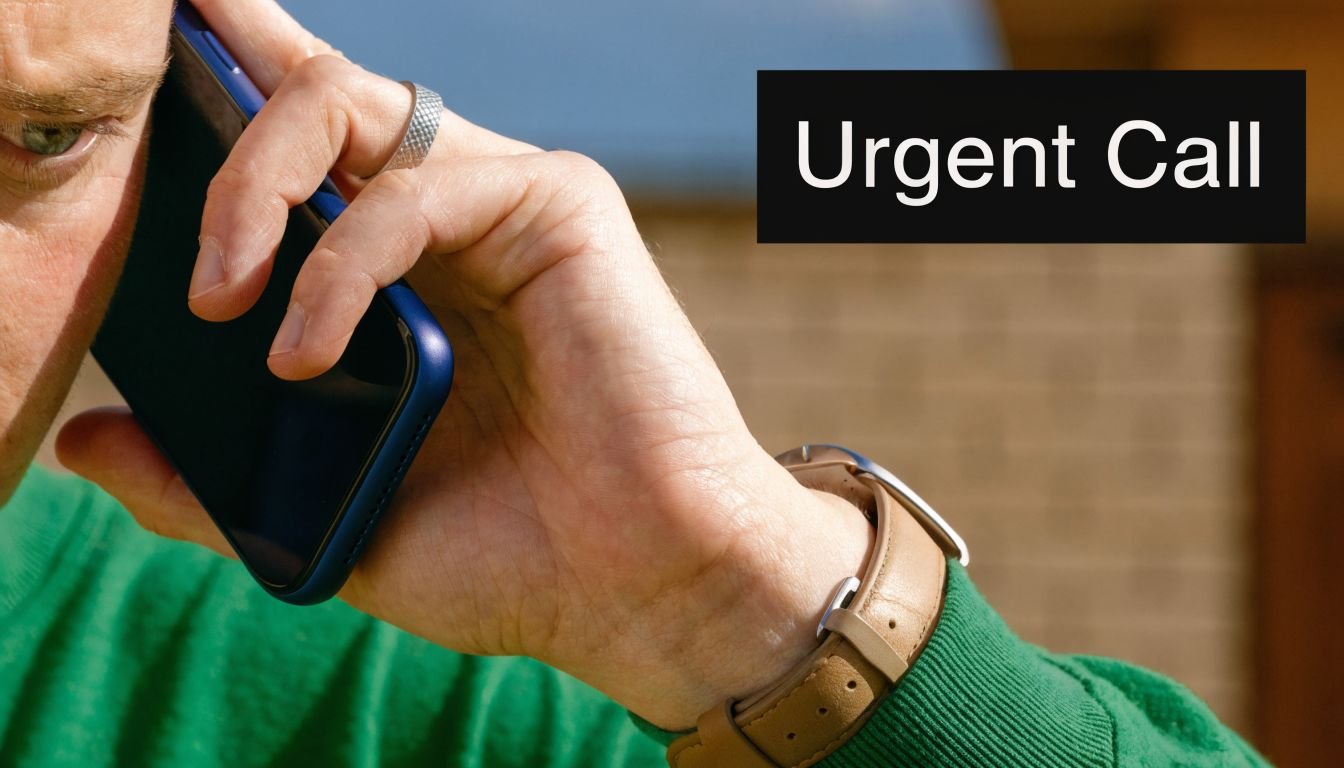 A close-up of a person wearing a green sweater and watch taking an urgent phone call.