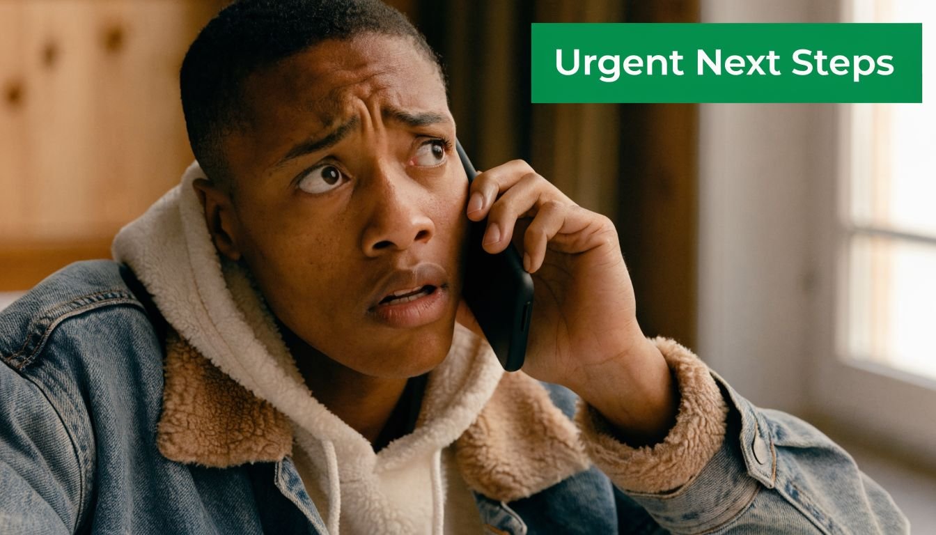 A young man wearing a denim jacket looks distressed while speaking on his smartphone.