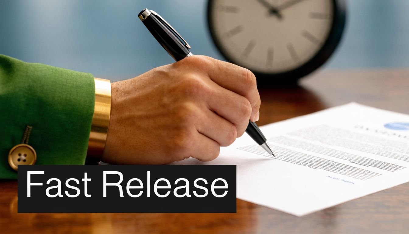 A professional hand wearing a gold cuff bracelet signing a legal document on a wooden desk.