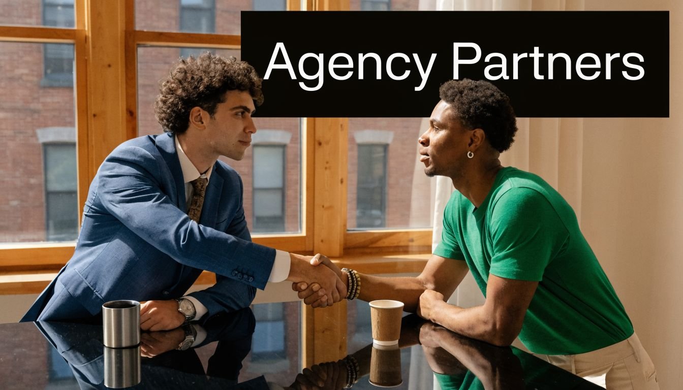 A man in a business suit shaking hands with a man in a green shirt across a desk.