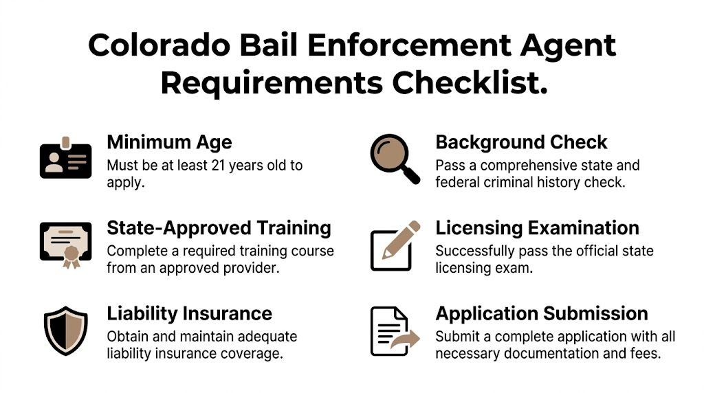 A checklist outlining the mandatory requirements to become a licensed bail enforcement agent in Colorado.